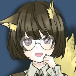 Rule 34 | 1other, androgynous, animal ears, bad id, bad pixiv id, black hair, blue eyes, blunt bangs, bob cut, fay (jinrou judgment), glasses, jinrou judgment, looking at viewer, round eyewear, shirt, smile, solo, tail, wolf ears, wolf tail, yuyuno (zwmy4875)
