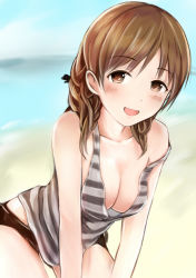 Rule 34 | 10s, 1girl, :d, bare arms, bare shoulders, beach, bikini, bikini bottom only, blue sky, breasts, brown bikini, brown eyes, brown hair, cleavage, collarbone, day, eyebrows, grey shirt, hair over shoulder, horizon, idolmaster, idolmaster cinderella girls, leaning forward, legs apart, looking at viewer, nannacy7, nitta minami, off shoulder, open mouth, outdoors, sand, shirt, shore, sky, sleeveless, smile, solo, striped clothes, striped shirt, swimsuit, tank top, tareme, vertical-striped clothes, vertical-striped shirt, water
