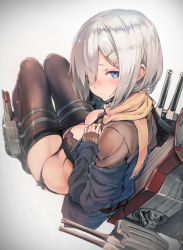 Rule 34 | 10s, 1girl, alternate costume, black bra, black panties, blurry, blush, bra, breasts, clothes lift, clothes pull, depth of field, enpera, hair ornament, hair over one eye, hairclip, hamakaze (kancolle), highres, kantai collection, large breasts, legs together, looking at viewer, looking back, machinery, panties, pantyhose, pantyhose pull, sabaku no tanuki, scarf, shirt lift, short hair, silver hair, sitting, solo, turret, underwear