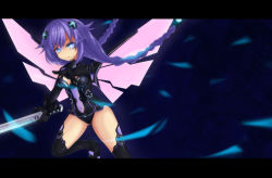 Rule 34 | 10s, 1girl, black legwear, blue eyes, braid, breasts, cleavage, cleavage cutout, clothing cutout, covered navel, emblem, flipped hair, floating hair, frown, gloves, glowing, glowing eyes, hair ornament, highres, hinakurukuru, holding, holding weapon, leg up, legs apart, leotard, letterboxed, light trail, long hair, looking at viewer, magical girl, neptune (neptunia), neptune (series), outstretched arm, power symbol, power symbol-shaped pupils, purple hair, purple heart (neptunia), serious, small breasts, solo, sword, symbol-shaped pupils, turtleneck, twin braids, vambraces, very long hair, weapon, wings, 散栗花