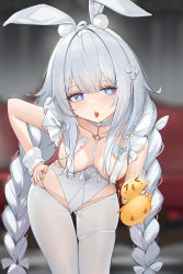 Rule 34 | + +, 1girl, absurdres, ahoge, animal ears, azur lane, bare arms, bird, braid, breasts, chick, choker, cowboy shot, crotchless, crotchless pantyhose, double bun, fake animal ears, frills, genera-x, hair bun, hair ornament, hand on own hip, highres, holding, le malin (azur lane), le malin (listless lapin) (azur lane), leaning forward, leotard, long hair, looking at viewer, medium breasts, o-ring, o-ring choker, open mouth, pantyhose, playboy bunny, rabbit ears, solo, symbol-shaped pupils, thigh strap, thighs, thong, tongue, tongue out, twin braids, white choker, white hair, white leotard, white pantyhose, wrist cuffs