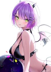 Rule 34 | 1girl, alternate costume, alternate hairstyle, ball, bare arms, bare shoulders, beachball, bikini, black bikini, black choker, black horns, blurry, blurry background, blush, bokeh, breasts, c1p122, choker, cleavage, commentary, demon girl, demon horns, demon tail, demon wings, depth of field, frilled bikini top, from side, green eyes, hair ornament, hairclip, highres, hololive, horns, light particles, looking at viewer, medium breasts, o-ring, o-ring top, parted bangs, piercing, purple hair, short hair, side-tie bikini bottom, simple background, sky, solo, swimsuit, symbol-only commentary, tail, tail ornament, tail piercing, tokoyami towa, tongue, tongue out, tree, upper body, virtual youtuber, white background, wings