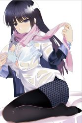 Rule 34 | 1girl, aquaplus, arms up, black hair, black jacket, black skirt, blazer, blue bra, blue eyes, blush, bra, breasts, cleavage, closed mouth, clothes lift, clothes pull, feet, frilled bra, frills, from side, full body, gradient eyes, gradient hair, hair between eyes, hand on own chest, jacket, kneeling, large breasts, long hair, long sleeves, looking at viewer, multicolored eyes, multicolored hair, nose, nose blush, open clothes, open jacket, open shirt, pantyhose, plaid, plaid skirt, purple scarf, qq134, scarf, see-through, see-through shirt, shirt, sidelocks, skirt, solo, thick thighs, thighs, touma kazusa, underwear, very long hair, wet, wet clothes, wet shirt, white album, white album (series), white album 2, white shirt