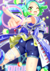 Rule 34 | 1girl, aqua eyes, ass, baseball, bike shorts, blush, bow, breasts, character request, copyright request, fang, fingernails, from behind, gradient hair, green eyes, green hair, hair bow, highres, long fingernails, looking at viewer, multicolored hair, one eye closed, open mouth, sharp fingernails, shiny clothes, shiny skin, short hair, sideboob, skirt, smile, solo, yakisoba (kaz2113)