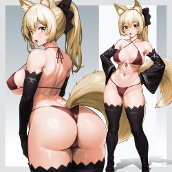 Rule 34 | 1girl, animal ear fluff, animal ears, ass, bare shoulders, bikini, black bow, black gloves, black sleeves, black thighhighs, blonde hair, bow, breasts, cameltoe, cleavage, collarbone, covered erect nipples, detached sleeves, elbow gloves, fox ears, fox girl, fox tail, gloves, hair bow, highres, large breasts, legs apart, long hair, long sleeves, minamoto80486, multiple views, navel, open mouth, original, paid reward available, ponytail, red bikini, ringed eyes, shadow, standing, swimsuit, tail, teeth, thick eyebrows, thighhighs, thighs, upper teeth only, wide sleeves, yellow eyes, yellow tail