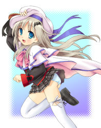 Rule 34 | 1girl, beret, black footwear, bow, cape, fang, hair ornament, hairclip, hat, homing (areya), little busters!, long hair, long sleeves, noumi kudryavka, panties, pink bow, plaid, plaid skirt, pleated skirt, school uniform, skirt, solo, striped clothes, striped panties, thighhighs, underwear, white thighhighs