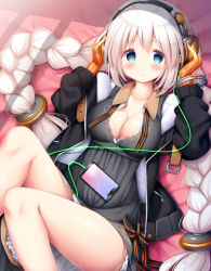 Rule 34 | 1girl, bad id, bad pixiv id, black jacket, blue eyes, blush, braid, breasts, cellphone, cleavage, closed mouth, collarbone, dress, feet out of frame, fingerless gloves, gloves, grey dress, hair ornament, hands on headphones, hands up, jacket, kizuna akari, large breasts, long hair, long sleeves, looking at viewer, lying, murano, on back, open clothes, open jacket, orange gloves, phone, solo, twin braids, very long hair, voiceroid, white hair