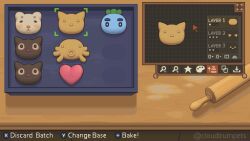 Rule 34 | amour (cloudtrumpets), bakery, baking, cookie, cookie cat, cooking, fake screenshot, food, heart-shaped cookie, highres, majo no takkyuubin, options, rolling pin, shop, signature, studio ghibli, table, video game