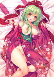 Rule 34 | 1girl, alternate costume, bare legs, bare shoulders, barefoot, bed sheet, blush, breasts, commentary request, fingernails, floral print, green hair, highres, japanese clothes, kagiyama hina, kimono, large breasts, looking at viewer, lying, nipples, no bra, no panties, obi, open mouth, orange eyes, red kimono, red ribbon, ribbon, sash, smile, solo, touhou, yayoi and nagi