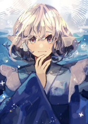 Rule 34 | 1girl, absurdres, blue eyes, blue hair, blue kimono, blush, bubble, closed mouth, commentary, eyebrows hidden by hair, fins, hair between eyes, hand up, head fins, highres, japanese clothes, kimono, long sleeves, looking at viewer, shi chimi, short hair, solo, touhou, underwater, upper body, wakasagihime, wide sleeves