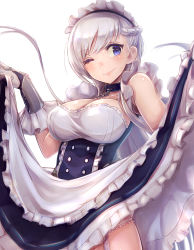 Rule 34 | 1girl, ;), absurdres, apron, arm guards, azur lane, bare shoulders, belfast (azur lane), black skirt, blush, braid, breasts, chain, cleavage, clothes lift, collar, cowboy shot, elbow gloves, french braid, frilled apron, frilled gloves, frilled skirt, frills, garter straps, gloves, high-waist skirt, highres, large breasts, lifted by self, lips, long hair, looking at viewer, maid, maid headdress, mappaninatta, md5 mismatch, one eye closed, panties, panty peek, purple eyes, resolution mismatch, silver hair, simple background, skirt, skirt lift, sleeveless, smile, solo, source smaller, standing, swept bangs, underwear, waist apron, white background, white gloves, white panties