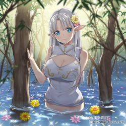 Rule 34 | 1girl, arm behind back, bare arms, bare shoulders, blue eyes, blush, bottomless, breasts, bright pupils, cleavage, cleavage cutout, closed mouth, clothing cutout, commentary request, copyright request, covered erect nipples, day, elf, flower, hair flower, hair ornament, highres, kimura shigetaka, large breasts, long hair, looking at viewer, original, outdoors, parted bangs, partially submerged, pink flower, pointy ears, silver hair, sleeveless, smile, solo, sparkle, straight hair, sunlight, tree, upper body, water, watermark, web address, yellow flower