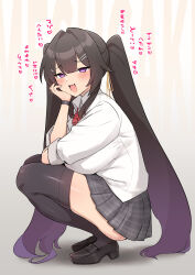 Rule 34 | 1girl, :d, black footwear, black thighhighs, blush, bow, bowtie, bracelet, breasts, breasts on lap, brown hair, choujiroo, collared shirt, dot nose, double-parted bangs, fang, from side, gradient hair, hair ornament, hairclip, hand on own cheek, hand on own face, head rest, highres, huge breasts, jewelry, large breasts, loafers, long bangs, long hair, long sleeves, looking at viewer, miniskirt, multicolored hair, omori minori, open mouth, original, plaid, plaid skirt, pleated skirt, purple eyes, purple hair, raised eyebrows, red bow, red bowtie, school uniform, shirt, shoes, sidelocks, skin fang, skirt, sleeves rolled up, smile, smug, solo, squatting, thighhighs, translation request, twintails, very long hair, white shirt, zettai ryouiki