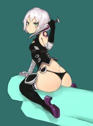 Rule 34 | 13o, 1girl, ass, bandages, belt, black gloves, black panties, black shirt, black thighhighs, boots, bottomless, breasts, butt crack, facial mark, fate/apocrypha, fate/grand order, fate (series), gloves, green eyes, high heels, highres, jack the ripper (fate/apocrypha), knife, looking back, panties, purple footwear, scar, shirt, short hair, simple background, sitting, sitting on person, sleeveless, small breasts, solo, thigh boots, thighhighs, thong, underwear, white hair