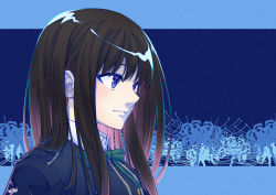 Rule 34 | 04sora40, 1girl, black hair, blue background, blue dress, closed mouth, collared shirt, commentary request, dress, floral print, flower, from side, green ribbon, grey dress, inoue takina, long hair, lycoris recoil, lycoris uniform, neck ribbon, pleated dress, purple eyes, ribbon, school uniform, shirt, smile, solo, spider lily, spider lily print, two-tone dress, white shirt