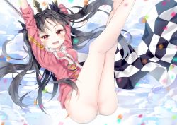 Rule 34 | 1girl, :d, arms up, bad id, bad pixiv id, black hair, blush, breasts, brown eyes, checkered flag, cloud, commentary request, confetti, earrings, fate/grand order, fate (series), flag, fur-trimmed jacket, fur trim, hoop earrings, ishtar (fate), jacket, jewelry, long hair, long sleeves, looking at viewer, medium breasts, motion blur, open mouth, panties, pink jacket, qlakwnd, smile, solo, teeth, tohsaka rin, two side up, underwear, upper teeth only, v-shaped eyebrows, very long hair, white panties