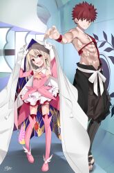 Rule 34 | 1boy, 1girl, abs, armor, ascot, bare shoulders, black pants, blonde hair, blush, boots, breasts, brown eyes, cape, cloak, dress, earrings, elbow gloves, emiya shirou, fate/grand order, fate/kaleid liner prisma illya, fate (series), gloves, highres, igote, illyasviel von einzbern, japanese armor, jewelry, layered gloves, long hair, open mouth, pants, pei iriya, pink dress, pink footwear, pink gloves, prisma illya, red eyes, red hair, senji muramasa (fate), short hair, sidelocks, single bare shoulder, skirt, small breasts, smile, suneate, thigh boots, white cape, white cloak, white gloves, white skirt