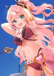Rule 34 | 1girl, :d, arms behind head, arms up, bare shoulders, belt, bikini, blue background, blue eyes, blush, breasts, cleavage, curled horns, demon girl, demon horns, demon tail, hair between eyes, heart, highleg, highleg bikini, highres, horns, layered bikini, long hair, looking at viewer, medium breasts, navel, open mouth, pink hair, ponytail, princess connect!, red bikini, simple background, smile, solo, suzuna (princess connect!), suzuna (summer) (princess connect!), swimsuit, tail, uso (ameuzaki), very long hair, white belt