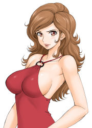 Rule 34 | 1girl, aoyama sunao, bare shoulders, breasts, brown eyes, brown hair, dress, large breasts, long hair, lupin iii, mine fujiko, no bra, red dress, sideboob, solo, tagme, tms entertainment, white background