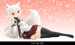 Rule 34 | 1girl, animal ears, bad id, bad pixiv id, black thighhighs, female focus, full body, gradient background, inubashiri momiji, long hair, red eyes, rupa, short hair, solo, tail, thighhighs, touhou, very long hair, white hair, wolf ears, wolf tail