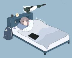 Rule 34 | 1girl, artist name, atamonica, backpack, bag, bed, blanket, closed eyes, commentary, dated, english commentary, grey hair, highres, long hair, long sleeves, lying, missile, on side, original, parted lips, pillow, sleeping, solo