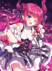 Rule 34 | 1girl, ;d, asymmetrical horns, bare shoulders, blue eyes, blush, bow, collar, commentary request, curled horns, detached sleeves, dragon horns, dragon tail, elizabeth bathory (fate), elizabeth bathory (fate/extra ccc), elizabeth bathory (second ascension) (fate), fang, fate/grand order, fate (series), frilled collar, frills, grey skirt, hair between eyes, head tilt, heart, holding, holding microphone, horns, index finger raised, long hair, long sleeves, looking at viewer, microphone, one eye closed, open mouth, outstretched arm, pink bow, pink hair, plaid, plaid skirt, purple background, shirt, sidelocks, skirt, smile, solo, suzunone rena, tail, tail bow, tail ornament, underbust, uneven horns, very long hair, white shirt