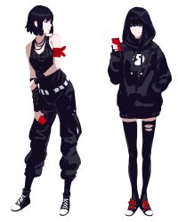 Rule 34 | 2girls, absurdres, armband, asymmetrical sleeves, black hair, black legwear, cameo, cargo pants, casual, cellphone, commentary, detached sleeves, full body, green eyes, guweiz, hand in pocket, highres, holding own arm, hood, hood up, hoodie, jewelry, medium hair, mismatched sleeves, multiple girls, necklace, original, pac-man, pac-man (game), pants, phone, purple eyes, shoes, short hair, smartphone, sneakers, standing, tan, thighhighs, torn clothes, torn legwear, white background