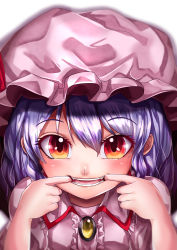 Rule 34 | 1girl, absurdres, blouse, brooch, center frills, cheek pull, collared shirt, commentary request, eyebrows hidden by hair, fangs, frilled shirt collar, frills, hair between eyes, hat, highres, jewelry, looking at viewer, lower teeth only, mahoro (minase mahoro), mob cap, open mouth, orange eyes, pink hat, pink shirt, puffy short sleeves, puffy sleeves, purple hair, remilia scarlet, shirt, short sleeves, solo, teeth, touhou, upper teeth only, yellow brooch