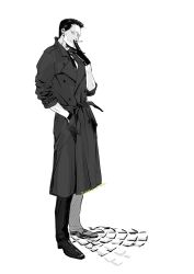 Rule 34 | 1boy, bad id, bad pixiv id, black footwear, black gloves, black hair, coat, dated, full body, gloves, greyscale, hand in pocket, highres, ma2, male focus, monochrome, necktie, original, outdoors, serious, simple background, smoking, solo, standing, trench coat, white background