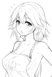 Rule 34 | 1girl, absurdres, bearn (warship girls r), blush, breasts, dress, flying sweatdrops, graphite (medium), greyscale, hair flaps, halterneck, highres, large breasts, long hair, looking at viewer, monochrome, no bra, onceskylark, sideboob, solo, sweatdrop, traditional media, triangle mouth, upper body, warship girls r