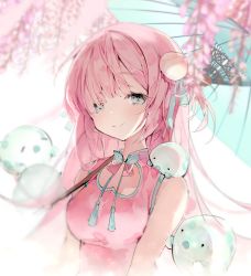 Rule 34 | 1girl, breasts, china dress, chinese clothes, closed mouth, dress, eyebrows, food, fruit, hair ornament, highres, long hair, looking at viewer, original, peach, pink hair, smile, solo, umbrella