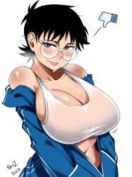 Rule 34 | 1girl, absurdres, black hair, blush, breasts, freckles, heavy breathing, highres, jane (nesz), large breasts, looking at viewer, nesz r, original, purple eyes, shirt, short hair, signature, smile, solo, sweat, thumbs down, tomboy