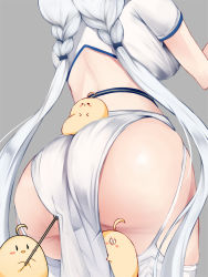Rule 34 | 1girl, ass, ass focus, azur lane, back, breasts, commentary request, from behind, garter straps, grey background, head out of frame, illustrious (azur lane), illustrious (maiden lily&#039;s radiance) (azur lane), irohara, large breasts, long hair, manjuu (azur lane), pelvic curtain, short sleeves, simple background, thighhighs, very long hair, white garter straps, white hair, white thighhighs