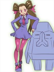Rule 34 | 1girl, bad id, bad pixiv id, blush, breasts, brown hair, creatures (company), dress, female focus, game freak, gen 3 pokemon, gradient background, gym leader, hair ornament, hair slicked back, long hair, nintendo, nosepass, pantyhose, partially colored, pink pantyhose, pokemon, pokemon (creature), pokemon rse, purple eyes, roxanne (pokemon), shoes, smile, twintails, white background, zaitsu