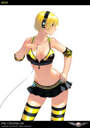 Rule 34 | 1girl, blonde hair, breasts, cleavage, djmax, djmax portable, hand on own hip, headphones, kamdia, l (djmax), large breasts, microskirt, midriff, plaid, plaid skirt, short hair, skirt, solo, sports bra, striped clothes, striped thighhighs, thighhighs