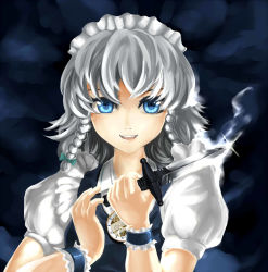 Rule 34 | 1girl, :d, bad id, bad pixiv id, blue eyes, female focus, izayoi sakuya, knife, looking at viewer, maid headdress, open mouth, puffy short sleeves, puffy sleeves, shirorin (ballet girl&#039;s), short hair, short sleeves, silver hair, smile, solo, touhou, upper body, watch, wrist cuffs