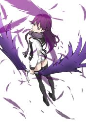 1girl ass bow feathers female_focus highres kuroki_rei long_hair looking_back okazon purple_eyes purple_hair scarf school_uniform short_shorts shorts solo thighhighs vividred_operation