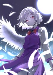 Rule 34 | 1girl, absurdres, bow, bowtie, braid, breasts, clear sky, closed mouth, cowboy shot, dress, feathered wings, feathers, from below, full moon, grey hair, highres, jacket, jitome, kishin sagume, legs, long sleeves, looking at viewer, looking down, moon, night, nose, purple dress, red bow, red bowtie, red eyes, rinkaito1231, short hair, single wing, sky, small breasts, standing, thighs, touhou, white jacket, wings