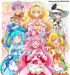 Rule 34 | 2boys, 4girls, :d, apron, back bow, big hair, black bow, black pepper (precure), blonde hair, blue bow, blue dress, blue eyes, blue gloves, blue hair, blunt bangs, bob cut, bow, bridal gauntlets, bun cover, china dress, chinese clothes, choker, closed mouth, clothing cutout, cone hair bun, cure finale, cure precious, cure spicy, cure yum-yum, dark-skinned male, dark skin, dated, delicious party precure, domino mask, double bun, dress, earrings, fuwa kokone, gloves, green eyes, grey hair, hair bun, hair ornament, hairband, hanamichi ran, hanzou, hat, hat feather, heart, highres, jacket, jacket on shoulders, jewelry, kasai amane, kome-kome (precure), long hair, mask, mem-mem (precure), multiple boys, multiple girls, nagomi yui, one eye closed, open mouth, orange bow, orange dress, own hands together, pam-pam (precure), pink bow, pink dress, pink gloves, pink hair, precure, purple dress, purple eyes, purple hair, red bow, red choker, red eyes, red hairband, rosemary (precure), shinada takumi, short hair, short sleeves, shoulder cutout, side ponytail, smile, sun hat, tiara, twitter username, two side up, very long hair, waist apron, white choker, white gloves, white headwear, white jacket, yellow gloves