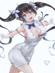 Rule 34 | 1girl, 2022, absurdly long hair, absurdres, ahoge, arched back, arms behind back, bare shoulders, bell, black hair, blue eyes, blue ribbon, blunt bangs, breast press, breasts, cleavage, covered navel, dress, dungeon ni deai wo motomeru no wa machigatteiru darou ka, elbow gloves, ethan wylie, gloves, grin, groin, hair bell, hair ornament, hair ribbon, hestia (danmachi), highres, impossible clothes, impossible dress, large breasts, leaning forward, long hair, open hand, open mouth, oppai loli, outstretched arms, pencil dress, rei no himo, ribbon, sidelocks, simple background, skin tight, smile, solo, spread fingers, teeth, tight clothes, tight dress, upper teeth only, very long hair, walking, white background, white dress, white gloves