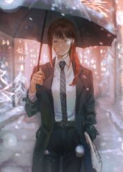 Rule 34 | 1girl, 637 00e seran, bag, black coat, black necktie, black pants, blood, blood on clothes, blood on face, braid, braided ponytail, chainsaw man, coat, collared shirt, formal, grocery bag, hand in pocket, highres, holding, holding umbrella, looking at viewer, makima (chainsaw man), medium hair, necktie, pants, red hair, shirt, shirt tucked in, shopping bag, sidelocks, snow, solo, striped necktie, suit, umbrella, white shirt