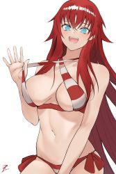 Rule 34 | 1girl, :d, absurdres, bad id, bad twitter id, bikini, blue eyes, breasts, commentary, cosplay, cowboy shot, criss-cross halter, english commentary, fate/grand order, fate (series), halterneck, high school dxd, highres, large breasts, lifted by self, long hair, looking at viewer, navel, nero claudius (fate), nero claudius (fate) (all), nero claudius (swimsuit caster) (fate), nero claudius (swimsuit caster) (fate) (cosplay), open mouth, red hair, rias gremory, ryofu54, side-tie bikini bottom, simple background, smile, solo, strap lift, striped bikini, striped clothes, swimsuit, very long hair, white background