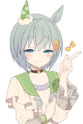 Rule 34 | 1girl, animal ears, black choker, blue eyes, blush, choker, closed mouth, collarbone, commentary request, dated, eighth note, flower, green sailor collar, grey hair, hair between eyes, hair flower, hair ornament, half-closed eyes, hand up, horse ears, index finger raised, koruri, long sleeves, musical note, sailor collar, see-through clothes, seiun sky (umamusume), shirt, simple background, smile, solo, twitter username, umamusume, umamusume: party dash, upper body, white background, white shirt, yellow flower