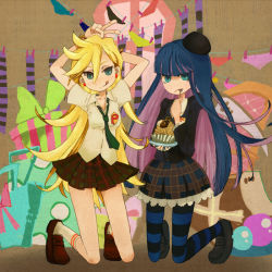 Rule 34 | 10s, 2girls, :p, bad id, bad pixiv id, blonde hair, blunt bangs, earrings, eating, food, fork, green eyes, hat, jewelry, loafers, long hair, multicolored hair, multiple girls, necktie, panty &amp; stocking with garterbelt, panty (psg), pantyhose, pastry, pink hair, plaid, plate, purple hair, school uniform, shoes, siblings, sisters, skirt, socks, stocking (psg), striped clothes, striped legwear, striped pantyhose, tanaka (colorcorn), thighhighs, tongue, tongue out, two-tone hair, v