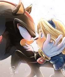 Rule 34 | 1boy, 1girl, blonde hair, blue eyes, blush, bracelet, eye contact, furry, furry male, furry with non-furry, gloves, hetero, imminent kiss, interspecies, jewelry, looking at another, maria robotnik, puffy sleeves, red eyes, shadow the hedgehog, sonic (series), tondamanuke, white gloves