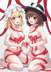 Rule 34 | 2girls, absurdres, black headwear, blonde hair, blush, bow, box, breasts, brown eyes, brown hair, cleavage, collarbone, gift, gift box, hair between eyes, hat, hat bow, heart, heart-shaped box, heart hands, heart hands duo, highres, holding, holding gift, maribel hearn, medium breasts, medium hair, mob cap, multiple girls, naked ribbon, open mouth, ramie (ramie541), ribbon, short hair, small breasts, smile, touhou, usami renko, valentine, white bow, white headwear, yellow eyes