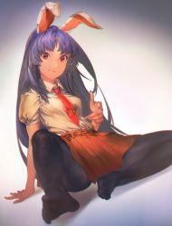 Rule 34 | 1girl, aiming, aiming at viewer, animal ears, aritoki ritsu, barefoot, belt, black pantyhose, brooch, carrot, feet, finger gun, gradient background, highres, jewelry, long hair, looking at viewer, neckerchief, necktie, no shoes, pantyhose, pointing, pointing at viewer, puffy short sleeves, puffy sleeves, purple hair, rabbit ears, red eyes, red necktie, reisen udongein inaba, shirt, short sleeves, simple background, sitting, skirt, smirk, solo, touhou