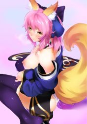 Rule 34 | 10s, 1girl, animal ears, blue thighhighs, blush, bow, breasts, detached collar, detached sleeves, fate/extra, fate (series), fox ears, fox tail, hair bow, heavy breathing, imaoka, japanese clothes, large breasts, looking at viewer, looking back, nipples, panties, pink hair, pussy juice, sitting, solo, tail, tamamo no mae (fate/extra), thighhighs, twintails, underwear, wariza, white panties, yellow eyes