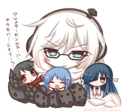 Rule 34 | 4girls, :d, :o, ^ ^, abyssal ship, black-framed eyewear, black hair, blue eyes, blue hair, blue neckwear, bow, bowtie, braid, brown eyes, brown shirt, brown shorts, closed eyes, collared shirt, dated, gauntlets, glasses, hair between eyes, hair over one eye, hayashimo (kancolle), headphones, kantai collection, komakoma (magicaltale), long hair, long sleeves, looking at viewer, mogami (kancolle), multiple girls, open mouth, parted lips, samidare (kancolle), school uniform, serafuku, shirt, shorts, simple background, skirt, smile, supply depot princess, translation request, twitter username, very long hair, white background, white hair, white shirt, white skirt