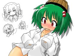 Rule 34 | 4girls, [], blush, bottomless, bucket, dress shirt, female focus, green hair, hair bobbles, hair ornament, kisume, luna child, multiple girls, no nose, perfect memento in strict sense, red eyes, shirt, star sapphire, sunny milk, tears, touhou, twintails, two side up, white background, white shirt